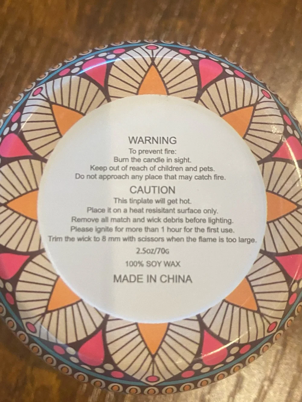 Colorful Mandala - Pink Teal Orange Tin with a 100% Soy Candle inside